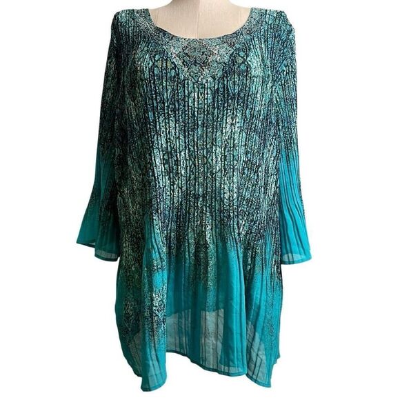 Catherines Womens Embellished Tunic Top 3X Teal Sleeve Artsy Boho Gypsy Pleated - Picture 1 of 7